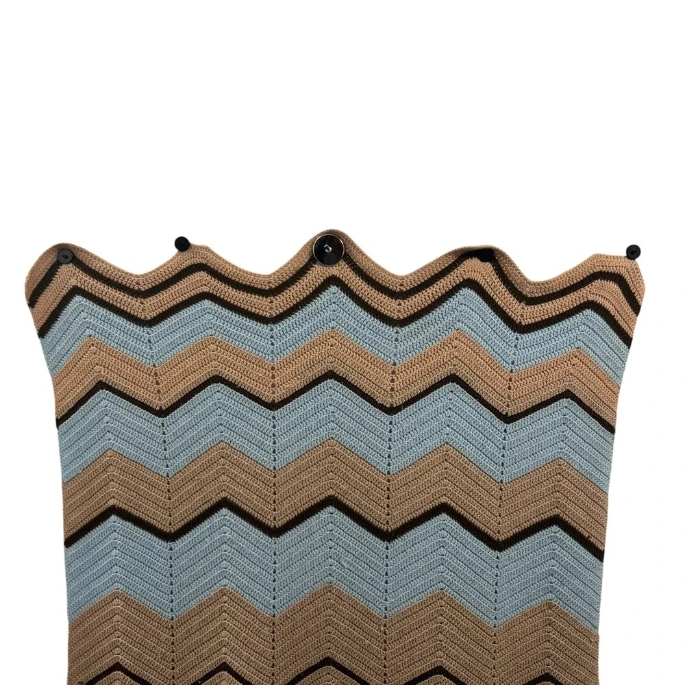Vintage Handmade Crochet Chevron Ripple Afghan‎ Throw Blanket Blue Brown 51x32